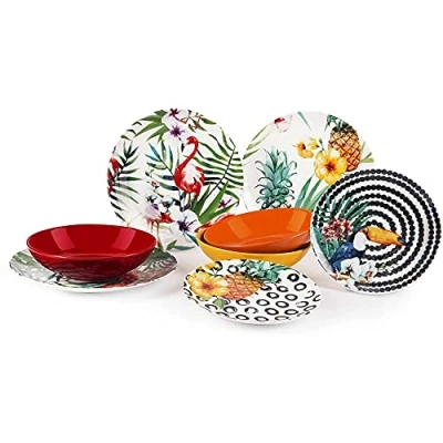 Afbeelding van Excelsa Tropical Chic bordenset, 18 stuks, porselein, meerkleurig