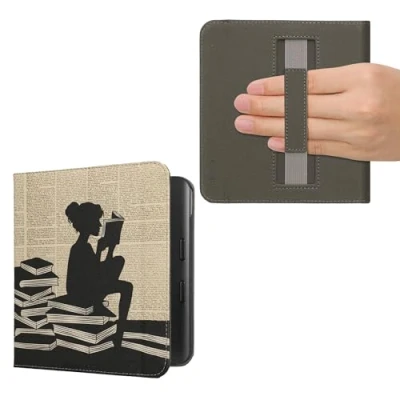 Afbeelding van kwmobile E reader hoesje geschikt voor Kobo Libra Colour hoes flip case met magneetsluiting Ereader cover Meisje boeken design in zwart / beige