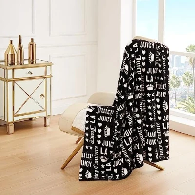Afbeelding van Juicy Couture Deken Crown Royal Pluche en gezellig Decoratieve dekens voor banken, stoelen bedden Luxe zacht Chique woondecoratie Afmetingen 50&quot; x 70&quot; Zwart/Wit