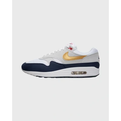 Afbeelding van Nike Sportswear AIR MAX 1 Unisex Sneakers laag, Maat: 38, Obsidian/metallic gold/white/light smoke grey/university red Textiel
