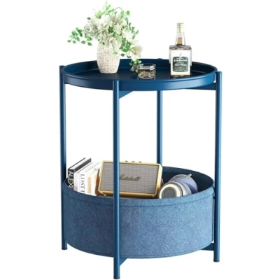Afbeelding van Huhote Bijzettafel, ronde bijzettafel met stoffen mand, klein nachtkastje, nachtkastje voor woonkamer, slaapkamer, badkamer, balkon, moderne stijl (blauw)