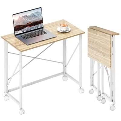 Afbeelding van HOMCOM Inklapbaar bureau, computertafel, 80 x 40 cm, bureau op wielen, moderne stijl, voor thuis, slaapkamer, kleine ruimtes, eiken