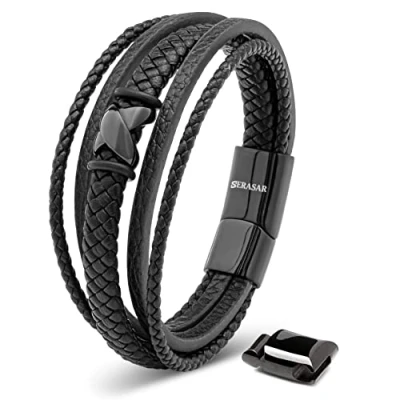 Afbeelding van SERASAR Armband Leer Zwart 20cm Lederen voor Heren Leren Mannen Cadeau Idee Man Armversiering Sieraden Vlechtarmband Gevlochten Armbanden Wikkelarmband Ketting