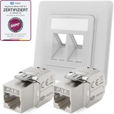 Afbeelding van hb digital Set: Netwerkdoos 2 poort RAL9003 signaalwit + 2x Cat.8 Keystone RJ45 module Jack Inbouwdoos voudige aansluitdoos LAN Ethernet bus netwerkinstallatie 2000MHz 40 Gbps STP