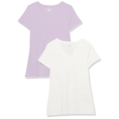 Afbeelding van Amazon Essentials Women&#039;s T shirt met korte mouwen en V hals in klassieke pasvorm, Pack of 2, Pastel lila/Wit, XL