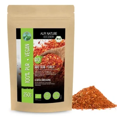Afbeelding van Alpi Nature BIO BBQ Rub Chili smaak (250 g) kruidenmix voor grillen droge marinade het van 100% natuurlijk zonder kunstmatige additieven ingrediënten KBA
