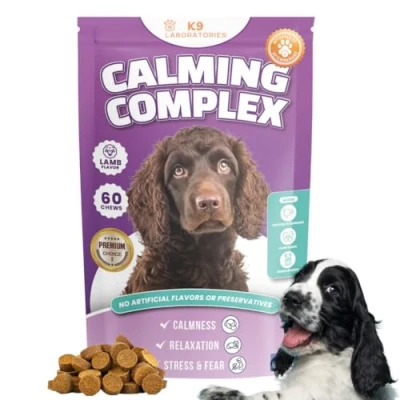 Afbeelding van K9 Laboratories Kalmte &amp; Balans supplement voor honden tegen angst stress agressie L tryptofaan valeriaan hennepzaadolie 60 stuks een rustige hond