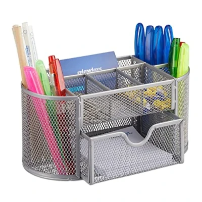Afbeelding van Relaxdays pennenbak metaal bureau organizer gaas opbergsysteem schuiflade Mesh zilver