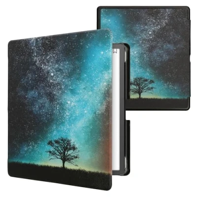 Afbeelding van kwmobile E reader hoesje geschikt voor Amazon Kindle Scribe hoes flip case met magnetische sluiting Ereader cover Sterrenstelsel en Boom design in blauw / grijs zwart