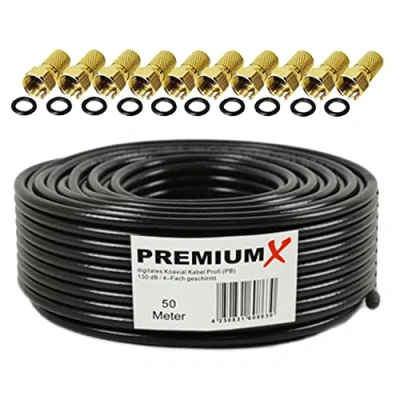 Afbeelding van PremiumX Professioneel Coaxkabel 50m Satellietkabel Zwart Puur Koper Viervoudig Afgeschermde Antennekabel Incl. 10 F Connectoren Ondersteunt 8K, 4K &amp; 3D voor Satelliet, Kabel, DVB T