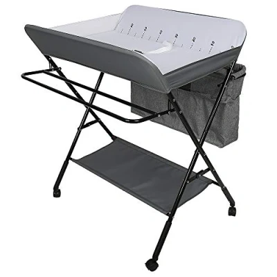 Afbeelding van Babyverschoontafel opvouwbare commode, mobiele commode met aankleedkussen, veiligheidsgordel en opbergvakken, ruimtebesparend stabiel in Hoogte Verstelbaar, 80 * 63 93 99cm (gebroken wit