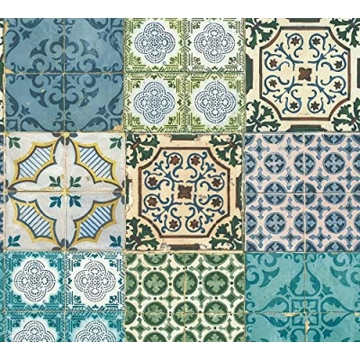 Afbeelding van A.S. Création Vliesbehang Authentic Walls 2 behang in Portugese tegeloptiek fotorealistisch 10,05 m x 0,53 blauw geel groen Made Germany 364851 36485 1
