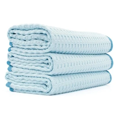 Afbeelding van The Rag Company Dry Me A River Professionele Koreaanse 70/30 Blend, Microfiber Waffle Weave, Drogen &amp; Detaillering Handdoeken, Zachte Suede Randen, 390gsm, 16 &quot;x 24&quot;, Lichtblauw (3 Pack)