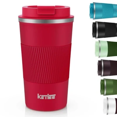 Afbeelding van Reismokken, KETIEE 510ml geïsoleerde koffiebeker met lekvrij deksel, herbruikbare koffiebekers reisbeker, koffiemok dubbelwandige koffiemok, roestvrijstalen thermische mok voor warme koude dranken, rood