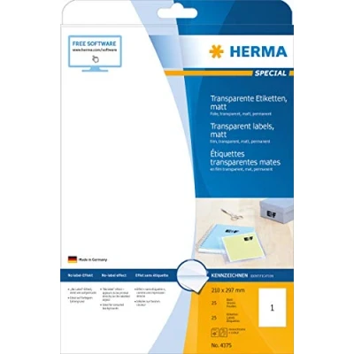 Afbeelding van HERMA 4375 weerbestendige folie etiketten A4 transparant (210 x 297 mm, 25 vellen, polyesterfolie, mat) zelfklevend, bedrukbaar, permanent klevende labels, voor printer,Mat