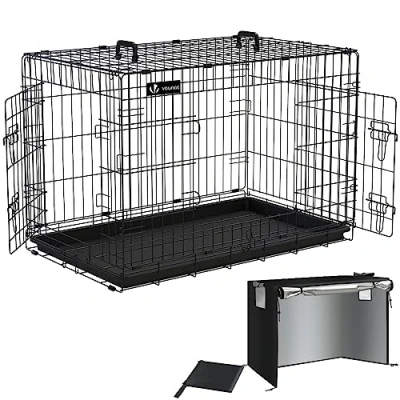 Afbeelding van VOUNOT Hondenkooi Opvouwbaar met Deksel, Hondenbox Auto Hond Transportkooi Dubbele Deuren, 2 Transporthandgrepen &amp; Vloertray, L 92 x 58 64cm, Zwart