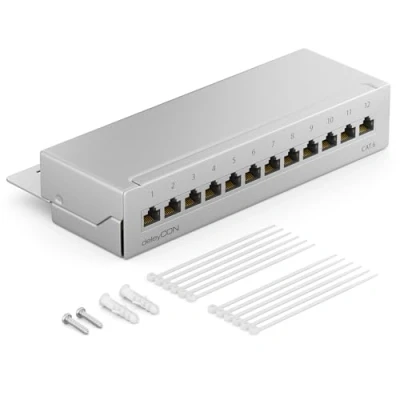 Afbeelding van deleyCON CAT 6 Patchpanel Distributiepaneel 12 Poorts Desktop &amp; Wandbevestiging Afgeschermd 12x RJ45 Aansluiting TIA568A TIA568B Lichtgrijs