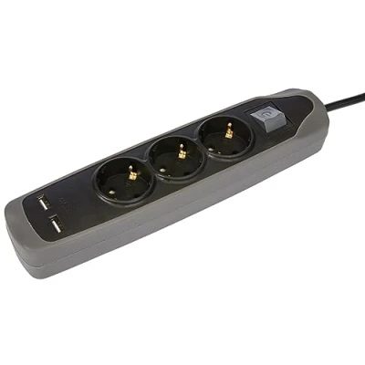 Afbeelding van Electraline 62150 Gummy Line stekkerdoos, 3 voudig met schakelaar + 2 USB 2.1A, kabel m, meervoudige tafelstopcontact, stekkerlijst, extra platte stekker, grijs