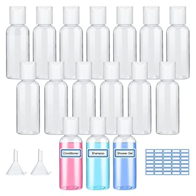 Afbeelding van Sinofort 16 stuks flessen reizen 50 ml reisflessen set kleine plastic toiletartikelen vloeibare container met trechter en etiketten voor shampoo, conditioner lotion (50 ml)