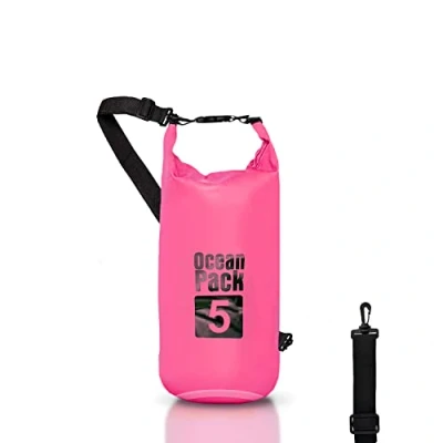Afbeelding van Dry Bag Waterdichte rugzak, rolsluiting en schouderriem, telefoontas heuptas voor zee, boot, vissen, rafting, strand, watersport, Roze, 5l, tas
