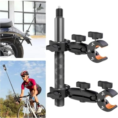 Afbeelding van UNSTINCER dubbele klemcamerahouder met 118 cm selfiestick voor opname door derde persoon, verstelbare actiecamerabeugel Insta360, houder op het motorfiets fiets ATV scooterstuur