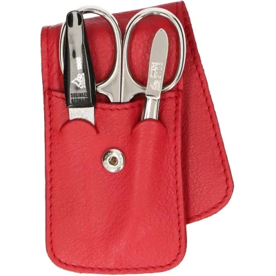 Afbeelding van Erbe Lederen Manicure Etui met Drukknoopsluiting Rood (3 delig)