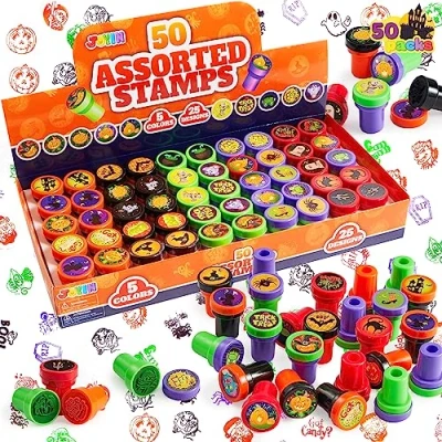 Afbeelding van JOYIN 50 stuks Halloween geassorteerde stempels voor kinderen zelf inkt (25 verschillende ontwerpen, plastic stempels, trick or treat griezelige stempels)