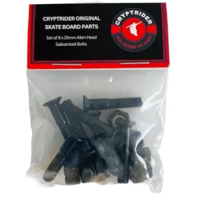 Afbeelding van CRYPTRIDER Originele Skate Board Onderdelen Set van 8 x 25mm Allen Head Premium Gegalvaniseerde Bouten.