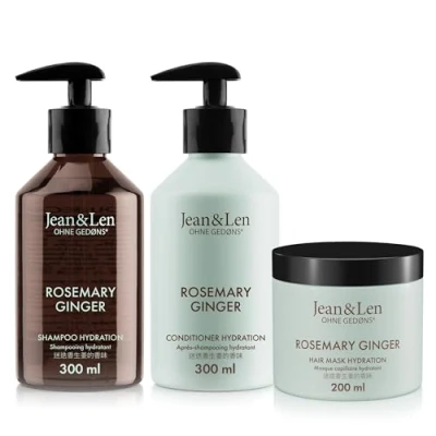 Afbeelding van Jean &amp; Len haarverzorgingsset Rozemarijn Gember voor droog en dof haar, hydraterende shampoo, conditioner haarbehandeling, kruidige geur, zonder parabenen siliconen, 2 x 300 ml + 1 200