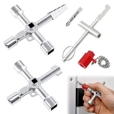 Afbeelding van MisFun Kruissleutel, universele sleutel, 3 stuks, schakelkastsleutel, mini, 4 kantsleutel, driekantsleutel, multifunctionele sanitaire kruissleutel voor elektrische water /gasmeter