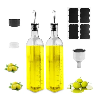 Afbeelding van Gvolatee Oliefles, 2 stuks, glas, 500 ml, azijn en oliedispenser met schenktuit, trechter, anti vuilsluiting, transparante olijfoliedispenser, olieflessen voor keuken, barbecue, pasta, salades,