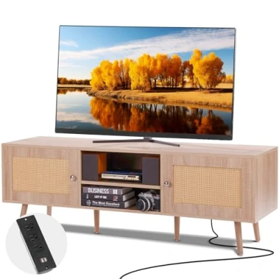 Afbeelding van VEVOR tv meubel van rotan voor 65 inch tv, moderne bank, Boheemse console met geïntegreerd stopcontact en USB poorten, verstelbare planken, woonkamer, multimedia kamer, eiken