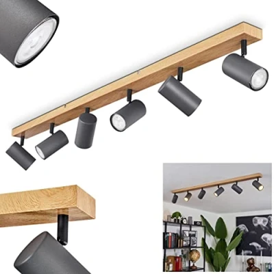 Afbeelding van plafondlamp Javel, moderne van metaal in houtlook/bruin/grijs, lamp met verstelbare kappen, 6 lampen, x GU10, zonder gloeilampen