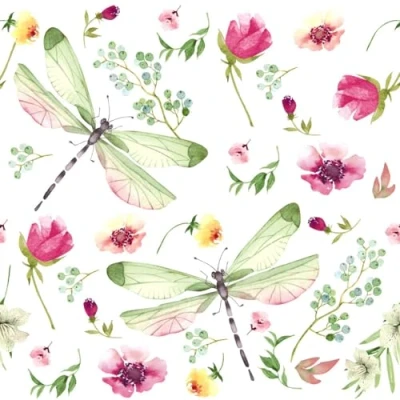 Afbeelding van 20 servetten bloemen libellen aan bloemenzee als tafeldecoratie. Papieren met motief. Ook voor decoupage en servettechniek 33x33cm