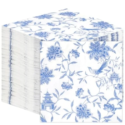 Afbeelding van Talking Tables 100 x zachte blauwe chinoiserie papieren servetten voor verjaardagen, bruiloften, Kerstmis, catering, wegwerpservies, recyclebaar, gemaakt in de EU, 2 laags, 33 cm, stuks
