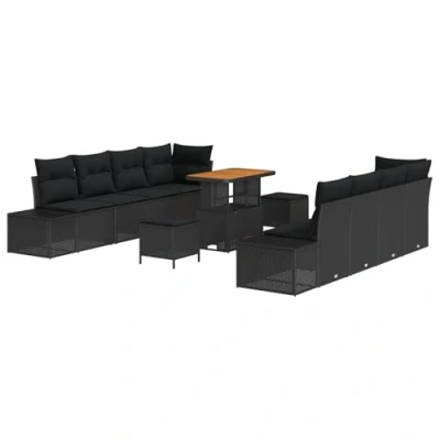 Afbeelding van vidaXL 11 Delige Tuin Sofa Set met Kussens Zwart Poly Rattan Acacia, 2 Zits Rattan, 3 Eettafel Acacia