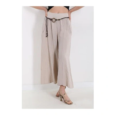 Afbeelding van Linnen lange broek, Beige kleur, zijzakken en ceintuur, Maat M/L