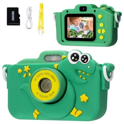 Afbeelding van Kindercamera, cadeau voor 3, 4, 5, 6, 8, 7, 9, 10, 11 jaar, jongens en meisjes, 1080p HD, anti vallen, dinosaurus, digitale camera kinderen, met 2,0 inch display 32 GB kaart als
