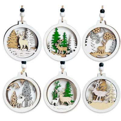 Afbeelding van Kerst hout Ornamenten, 6 Stuks Kerstboom Rendieren Hangers Ornamenten met Twine, Houten Bomen Hangende, 3D Hol Gesneden Opknoping Kerstmis Hanger voor Decoraties