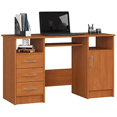 Afbeelding van Ana PC bureau met toetsenbordplank, bureautafel, computertafel, 3 laden, 1 opbergvak deur, 2 open opbergvakken, B124 x H74 D52 cm, 45 kg, Elle