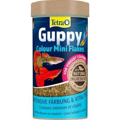 Afbeelding van Tetra Guppy Colour Hoofdvoering Voor Guppies En Andere Levende Tandkarpers, Minivlokken Met Kleurdiktes, Zandkleurig, 250 ml