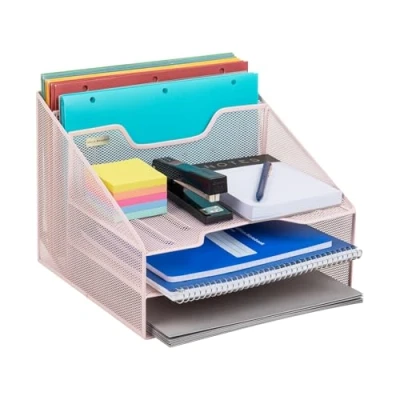Afbeelding van Mind Reader Mesh Organizer 5 Desktop Document Brievenbak voor Mappen, Mail, Stationair, Bureau accessoires, Roze, Metaal