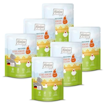 Afbeelding van MjAMjAM Premium natvoer voor katten Quetschie Chicks &amp; Friends heerlijke kip met fruitige peren, 6 pack (6 x 300g), graanvrij