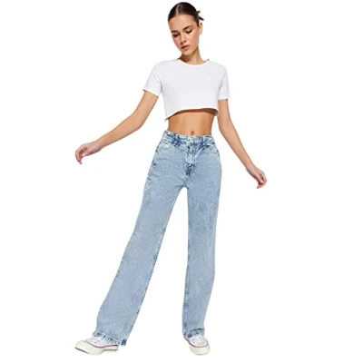 Afbeelding van Trendyol Blauwe Taille Gedetailleerde Jeans Met Hoge En Wijde Pijpen Twoss21Je0385