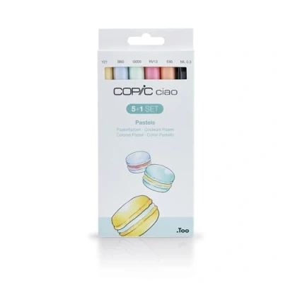 Afbeelding van COPIC Ciao Marker 5+1 Set &quot;Pastel Colours&quot;, 5 allround markers op alcoholbasis met een medium breedte en penseelpunt, incl. 1 Multiliner 0,3 mm