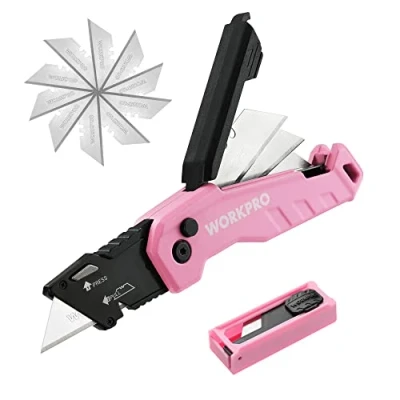 Afbeelding van WORKPRO klapmes met roze aluminium handgreep, lemmetopslag en riemclip, inclusief 14 messen