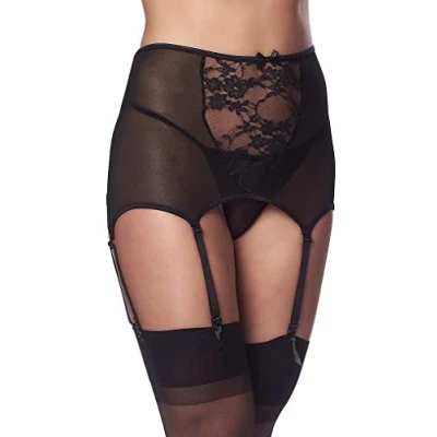 Afbeelding van Amorable by Rimba Erotische Lingerieset Vintage Stijl Jarretelgordel Met String En Kousen Zwart Maat L/XL