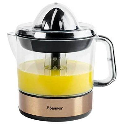 Afbeelding van Bestron elektrische Citruspers, Sinaasappelpers incl. 2 perskogels en aromadeksel, motor met twee draairichtingen (links/rechts), sap reservoir: 0.7 liter, 40 Watt, kleur: koper