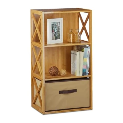 Afbeelding van Relaxdays rek bamboe, met mand, 3 etages, badkamerrek, opbergrek keuken,HxBxD 80x42x29 cm, natuurlijk bruin