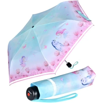 Afbeelding van Knirps 4Kids opvouwbare kinderparaplu met reflecterende rand, Eenhoorn turquoise roze, 90 cm